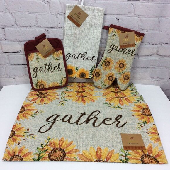 Sunflower 7Pc Kitchen Set (4)Tapestry Placemats/Dish Towel/Oven Mitt/Pot Holder - Picture 1 of 8